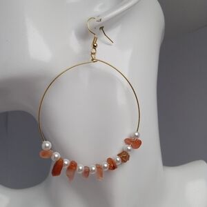 Elegant Red Agate and Faux pearl Hoop Earrings